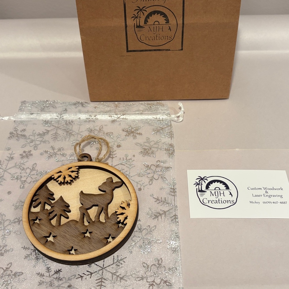 Reindeer/Snow (Dark) - Handmade Real Natural Wood Christmas Ornament